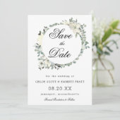 Witte bloemige botanische trouw save the date (Staand voorkant)