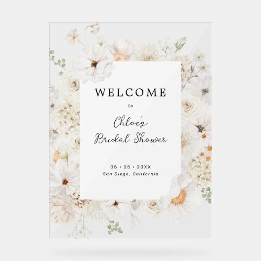 Witte bloemige bruidsontbijt welkom acryl bord (Voorkant)