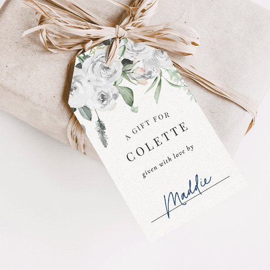 Witte bloemige Eucalyptus Bruiloftsshower Display Cadeaulabel