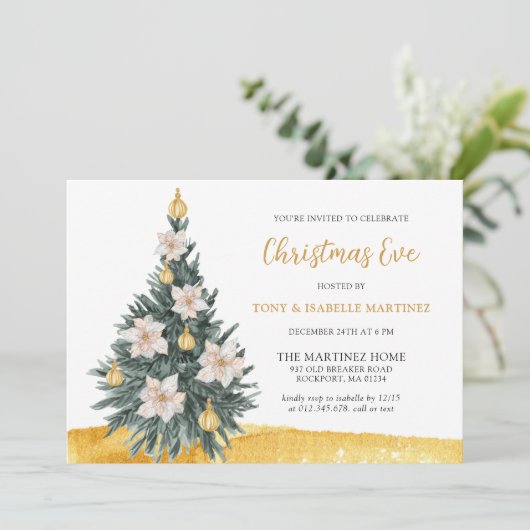 Witte bloemige gouden kerstboomornament feest kaart (Staand voorkant)