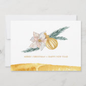 Witte bloemige gouden kerstboomornament feest kaart (Achterkant)