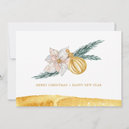 Witte bloemige gouden kerstboomornament feest kaart (Achterkant)