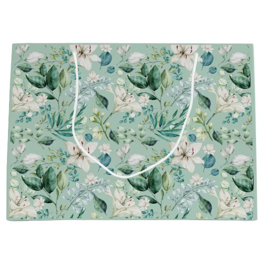 Witte bloemige groene bruidsbruiloft groot cadeauzakje (Voorkant)