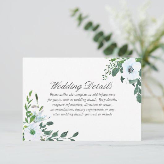 Witte bloemige groene huwelijksdetails receptie informatiekaartje (Staand voorkant)