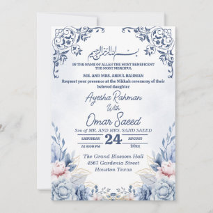 Witte Bloemige Nikkah Blauwe Witte Uitnodiging