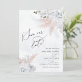 Witte bloemige orchidee & stoffig blauwe koraalstr save the date (Staand voorkant)