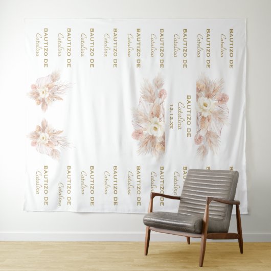 Witte bloemige Pampas Step & Repeat Bautizo Achter Wandkleed (In Situ (horizontaal))