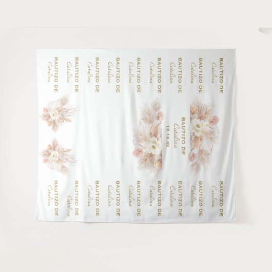 Witte bloemige Pampas Step & Repeat Bautizo Achter Wandkleed (Voorkant (horizontaal))