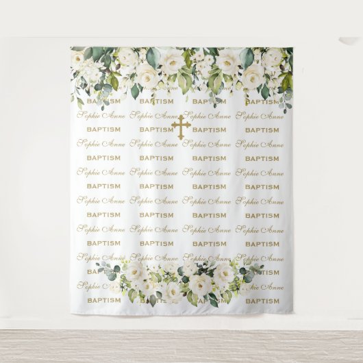 Witte bloemige stap- en herhalingsgouden doopachte wandkleed (Voorkant)