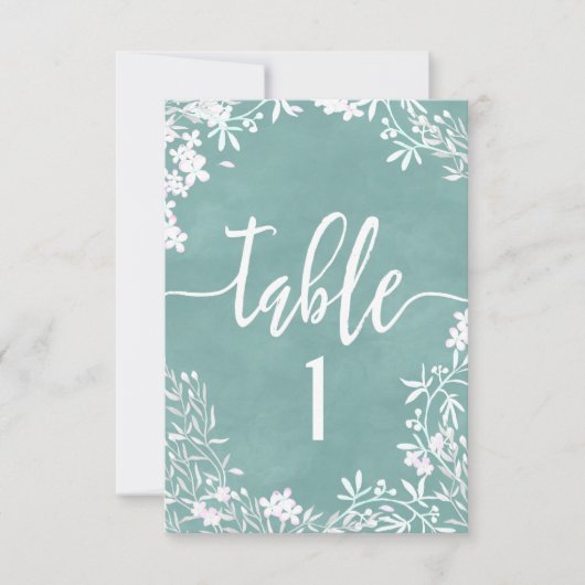 Witte bloemige tafelnummer zitplaatskaart in elke  (Voorkant)