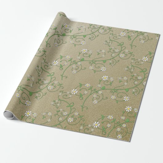 Witte bloemrank op goud inpakpapier (Uitgerold)