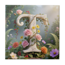 Witte bloemrijke marmeren monogram letter T Tegeltje