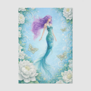 Witte bloemrijke zeemeermin & vlinders decoupage tissuepapier