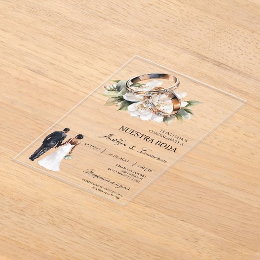 Witte Bloemring met Spaanse bruiloft Acryl Uitnodigingen (Laagn)