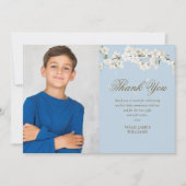 Witte Bloesem Eerste Heilige Communie Blauwe Foto Bedankkaart (Voorkant)