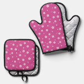 Witte bloesems op Hot Pink Ovenwant & Pannenlap Set (Voorkant / Achterkant)