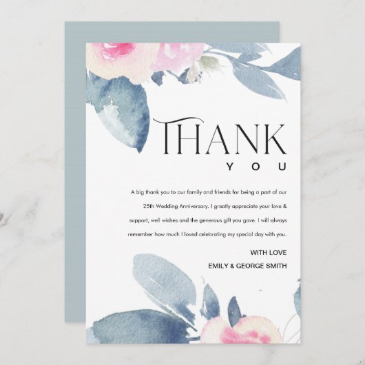 WITTE BLUSH BLAUWE BLOEMEN 25E HULDEJAAR WILLEKEUR BEDANKKAART (Voorkant / Achterkant)