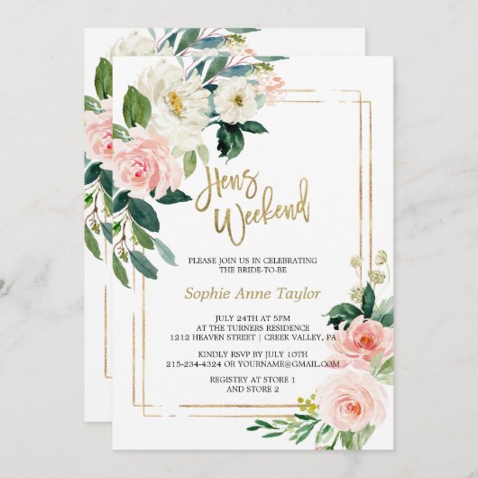 Witte Blush Bloem Gouden Vrijgezellenfeest Weekend Kaart (Voorkant / Achterkant)