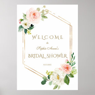 Witte Blush Bloem Gouden Welkom Bruidsfeest Bord Poster
