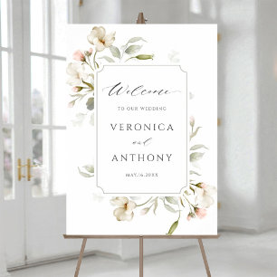 Witte Blush Elegante Bloemige Trouw Welkom Bord Poster