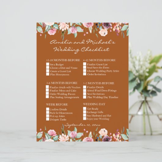 Witte Blush Rozen Terracotta Bruiloft Checklist (Staand voorkant)