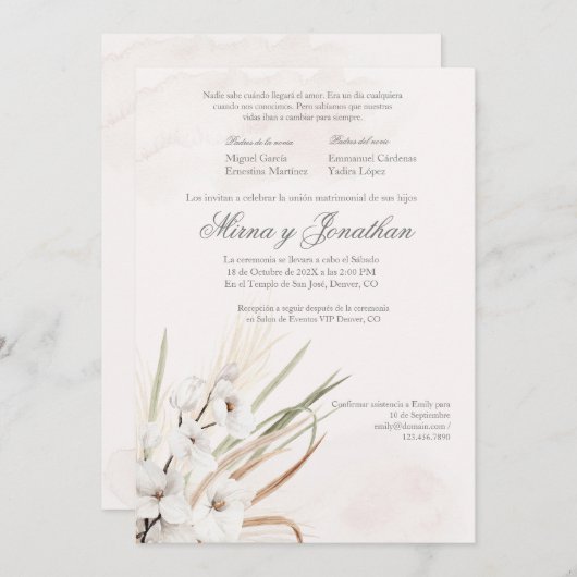 Witte Boho Beige Spaanse bruiloft uitnodiging (Voorkant / Achterkant)