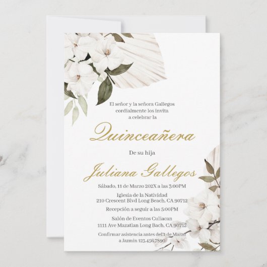 Witte boho bloemen Quinceanera uitnodiging (Voorkant)