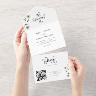 Witte Boho Retro Typografie Wilde Bloemen QR Code All In One Uitnodiging