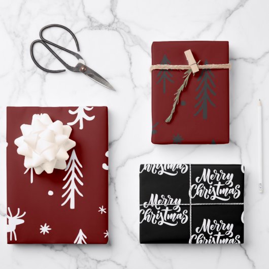 Witte Bomen Illustraties Rood Kerstmispatroon Inpakpapier Vel (Voorkant)