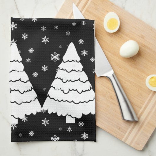 Witte bomen op zwart theedoek (Quarter Fold)