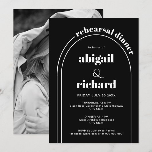 Witte boog bruiloft zwart repetitie diner kaart (Voorkant / Achterkant)