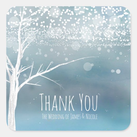 Witte Boom Winter Blauw Elegant Bruiloft Favor Vierkante Sticker (Voorkant)