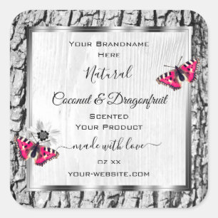 Witte boomschors met roze vlinderlabels vierkante sticker
