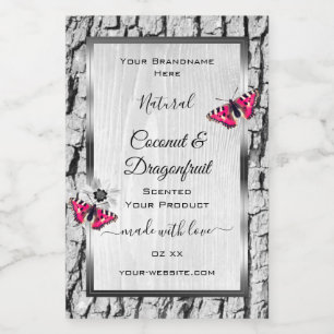 Witte boomschors met roze vlinderlabels voedselcontainer etiket