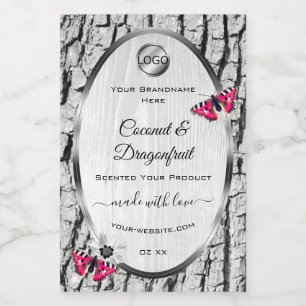 Witte boomschors Roze Butterfly Product Labels Log Voedselcontainer Etiket