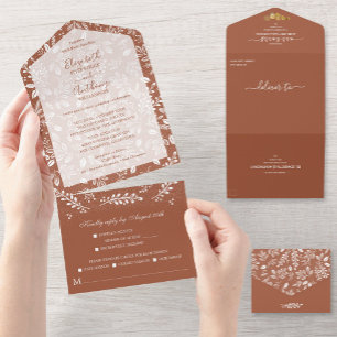 Witte botanica Geen Envelopes Terracotta Wedding All In One Uitnodiging