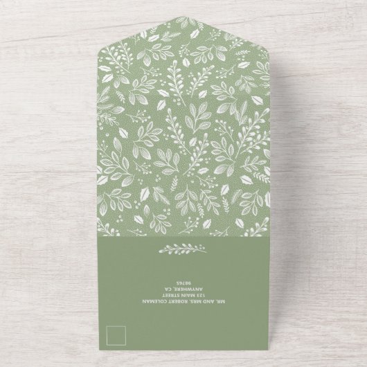 Witte botanicals op saliegroene trouwdag all in one uitnodiging (Buitenkant)