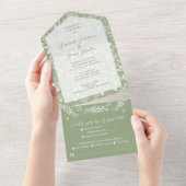 Witte botanicals op saliegroene trouwdag all in one uitnodiging (Afscheurbaar)