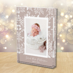 Witte Botanicals op Taupe Custom Name Fotoblokken
