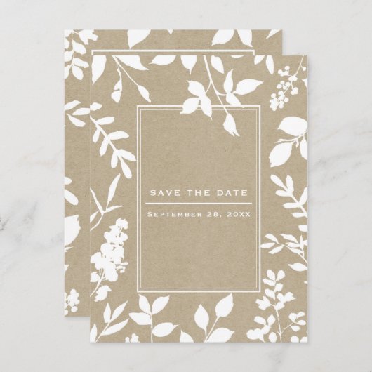Witte Botanische bladeren Eenvoudig rustiek Save t Aankondigingskaart (Voorkant / Achterkant)