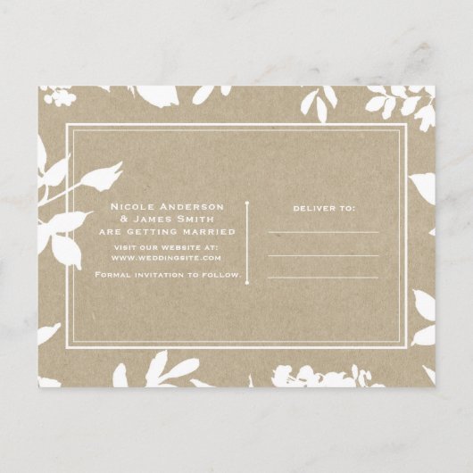 Witte Botanische bladeren Eenvoudig rustiek Save t Aankondigingskaart (Achterkant)