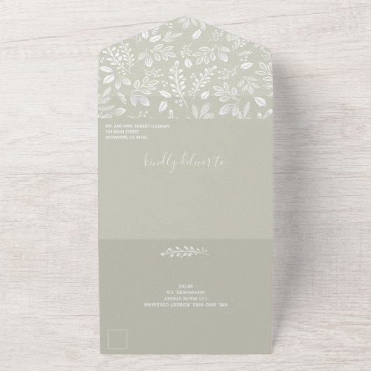 Witte botanische Bleek Groen Geen Envelopes Weddin All In One Uitnodiging (Buitenkant)