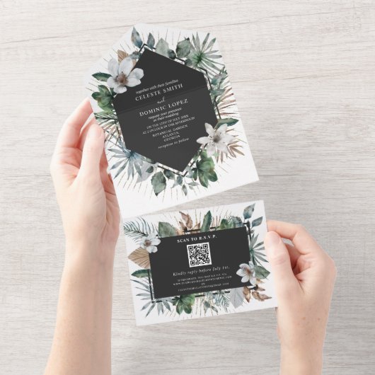 Witte botanische bloemige geometrische trouwkaart all in one uitnodiging (Afscheurbaar)