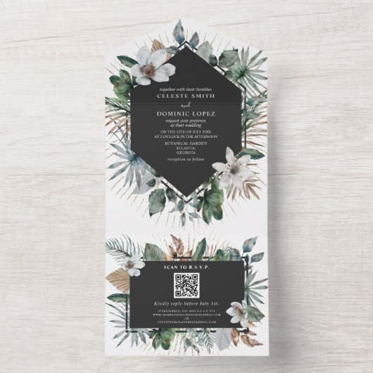 Witte botanische bloemige geometrische trouwkaart  all in one uitnodiging (Binnen)