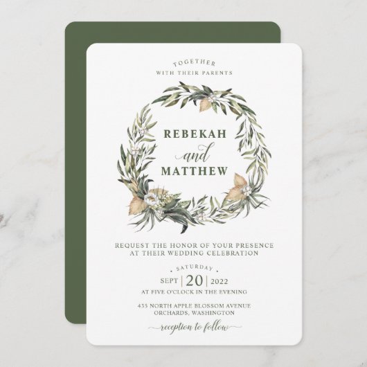 Witte Botanische krans | Huwelijksuitnodiging Kaart (Voorkant / Achterkant)