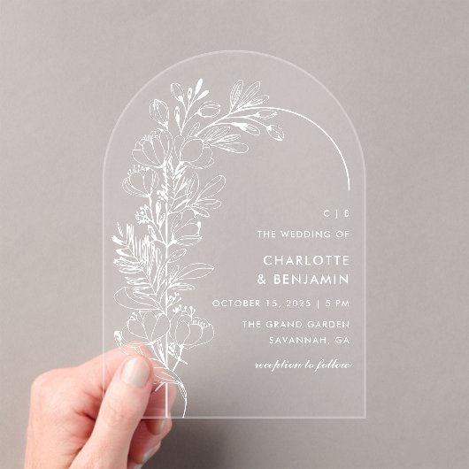 Witte botanische minimalistische boog bruiloft acryl uitnodigingen (Insitu (Draagbaar))