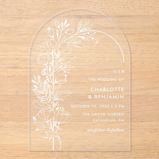 Witte botanische minimalistische boog bruiloft acryl uitnodigingen (Voorkant)
