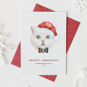 Witte Britse Korthaar Kat Kerstman Meowy Kerstmis Feestdagenkaart