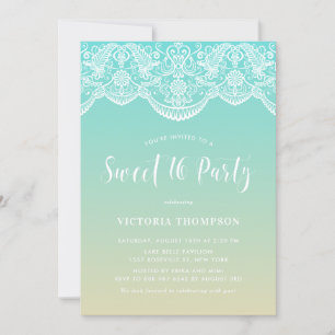 Witte Brocade Kant Blauw Ombre Sweet 16 Party Kaart