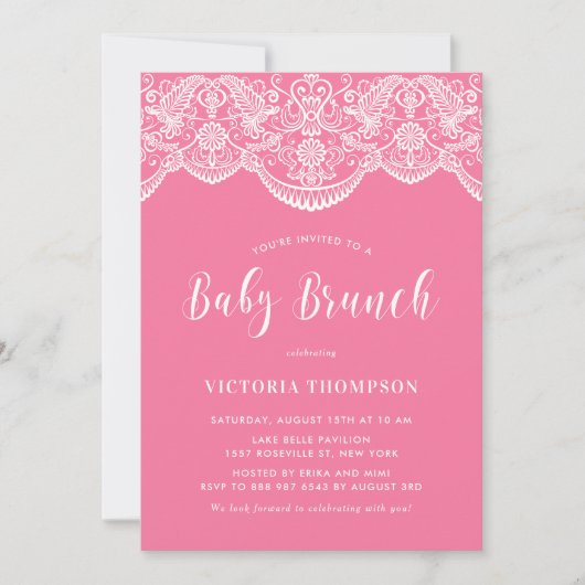 Witte Brocade Kant Roze Baby Brunch Kaart (Voorkant)